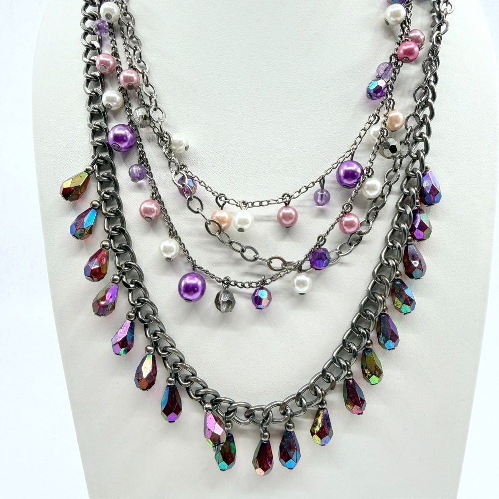 Y2K‎ Multi Strand Layered Statement Necklace Purple Faux Pearl AB Crystal Charm